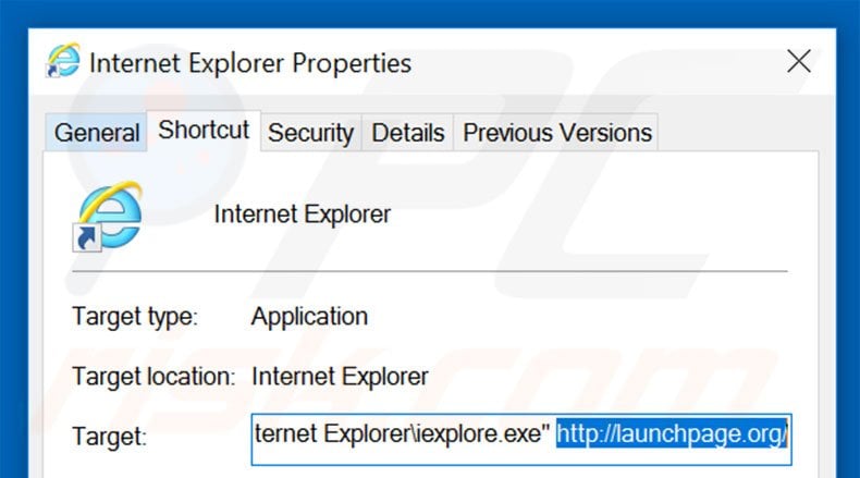 Removing launchpage.org from Internet Explorer shortcut target step 2