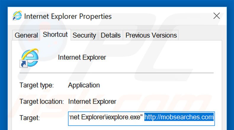 Removing mobsearches.com from Internet Explorer shortcut target step 2