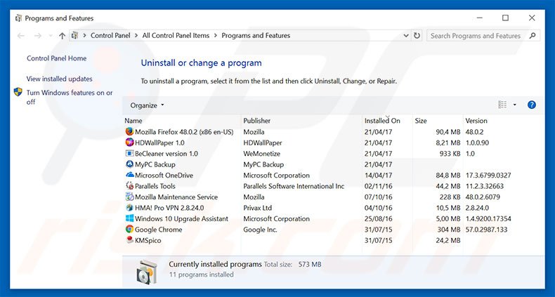 mybeginning123.com browser hijacker uninstall via Control Panel