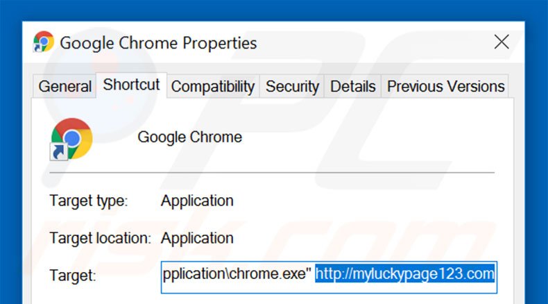 Removing myluckypage123.com from Google Chrome shortcut target step 2