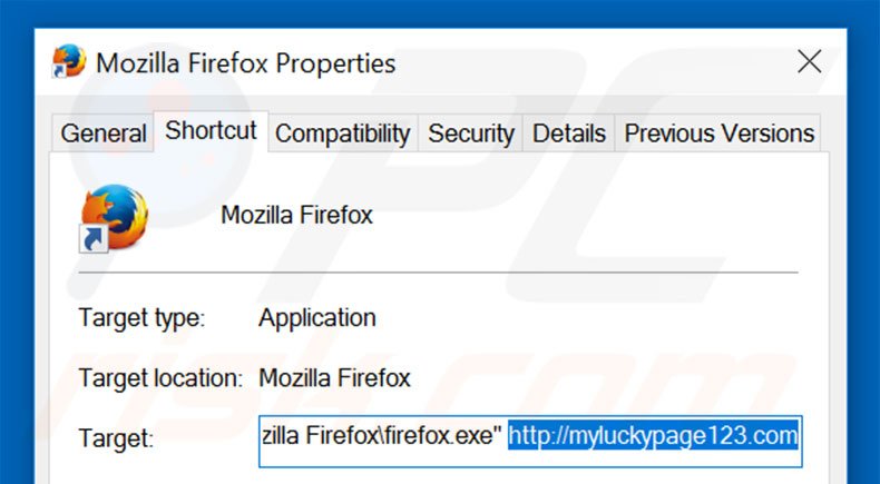 Removing myluckypage123.com from Mozilla Firefox shortcut target step 2