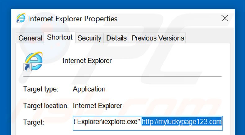 Removing myluckypage123.com from Internet Explorer shortcut target step 2