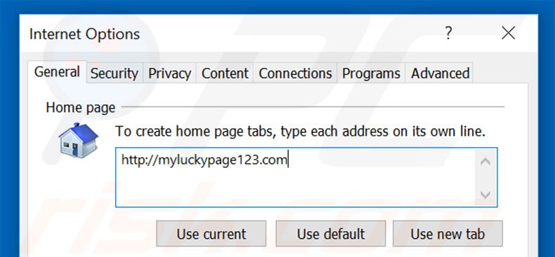 Removing myluckypage123.com from Internet Explorer homepage