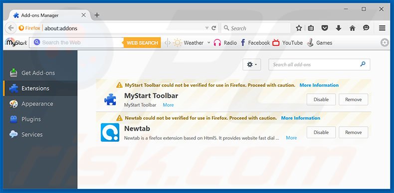 Removing myluckysearching.com related Mozilla Firefox extensions