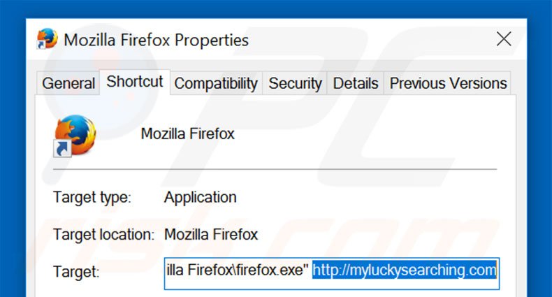 Removing myluckysearching.com from Mozilla Firefox shortcut target step 2