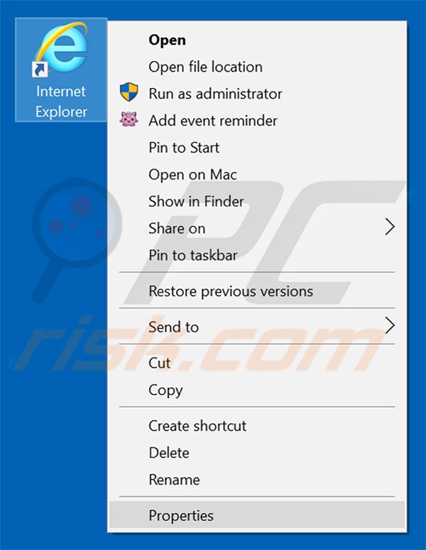 Removing myluckysite123.com from Internet Explorer shortcut target step 1