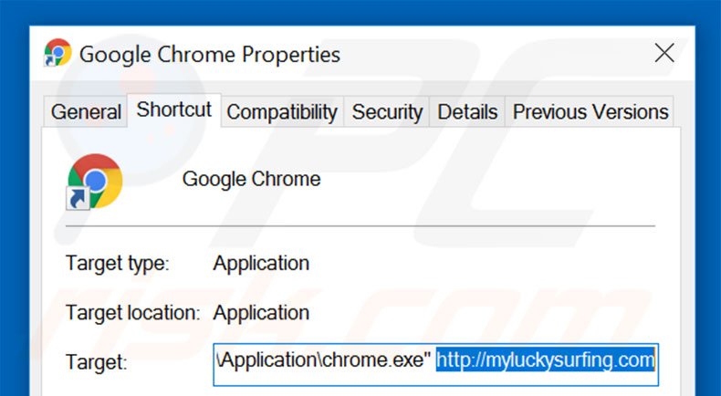 Removing myluckysurfing.com from Google Chrome shortcut target step 2