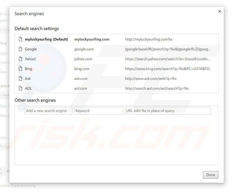 Removing myluckysurfing.com from Google Chrome default search engine