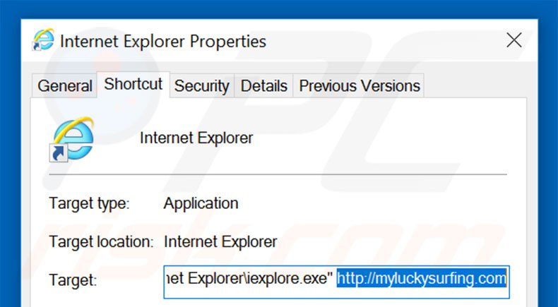Removing myluckysurfing.com from Internet Explorer shortcut target step 2