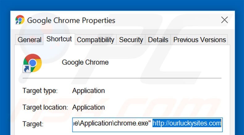 Removing ourluckysites.com from Google Chrome shortcut target step 2