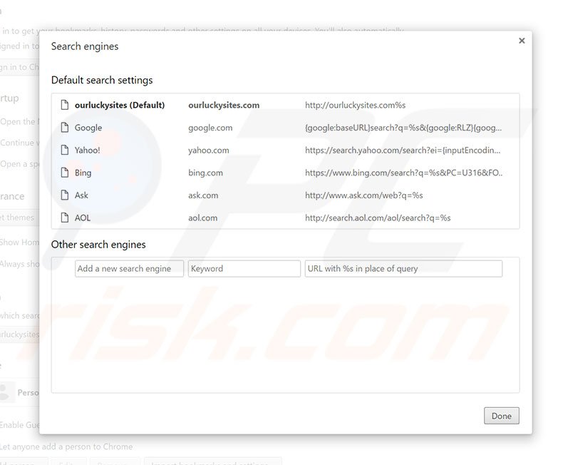 Removing ourluckysites.com from Google Chrome default search engine