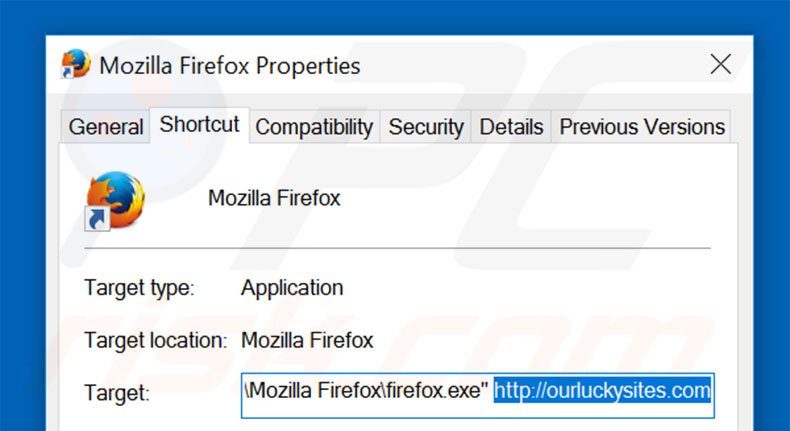 Removing ourluckysites.com from Mozilla Firefox shortcut target step 2