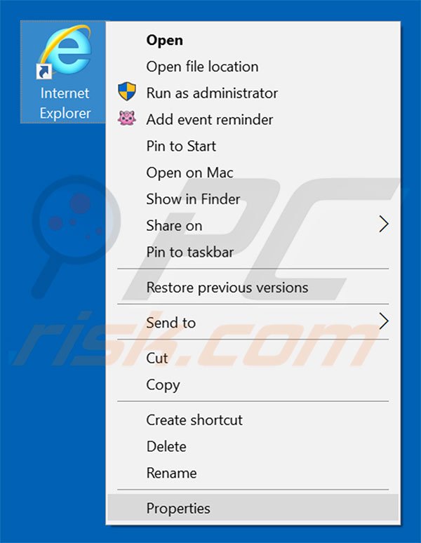 Removing ourluckysites.com from Internet Explorer shortcut target step 1