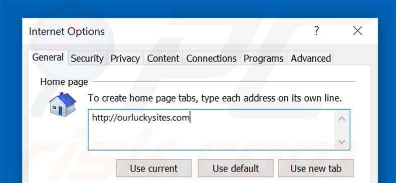 Removing ourluckysites.com from Internet Explorer homepage