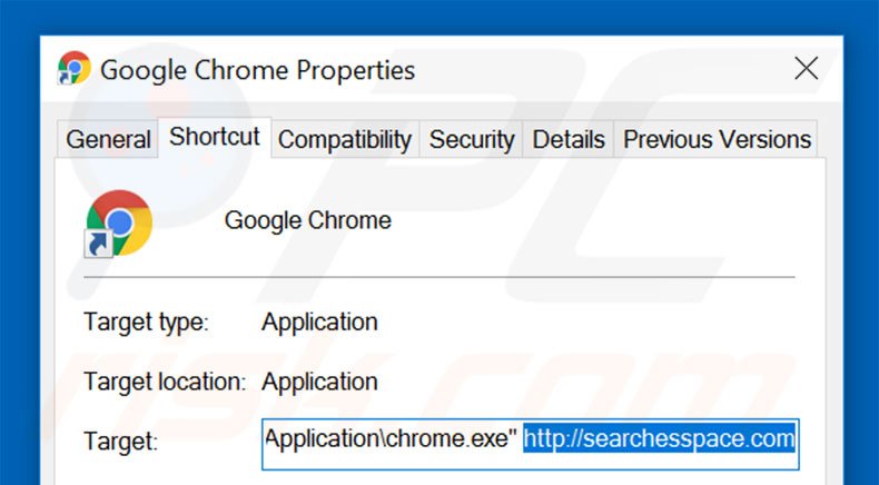 Removing searchesspace.com from Google Chrome shortcut target step 2