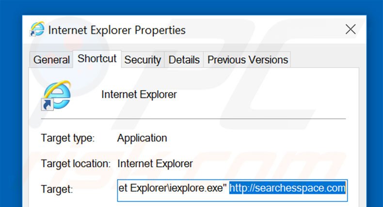 Removing searchesspace.com from Internet Explorer shortcut target step 2