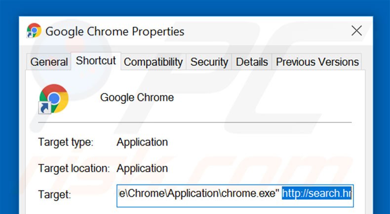 Removing search.hr from Google Chrome shortcut target step 2