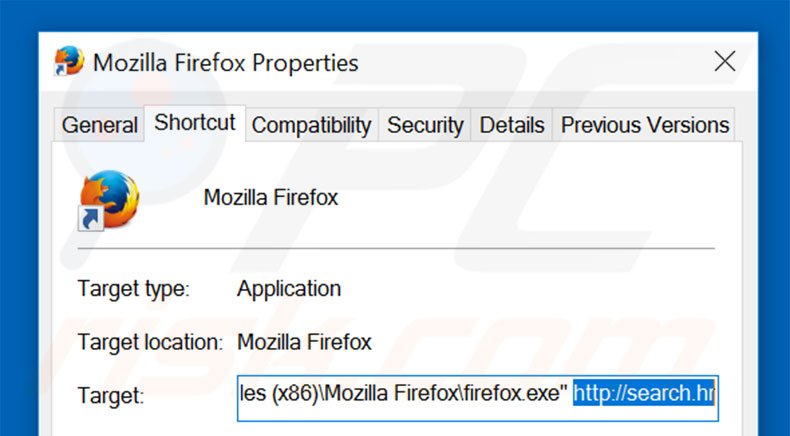Removing search.hr from Mozilla Firefox shortcut target step 2