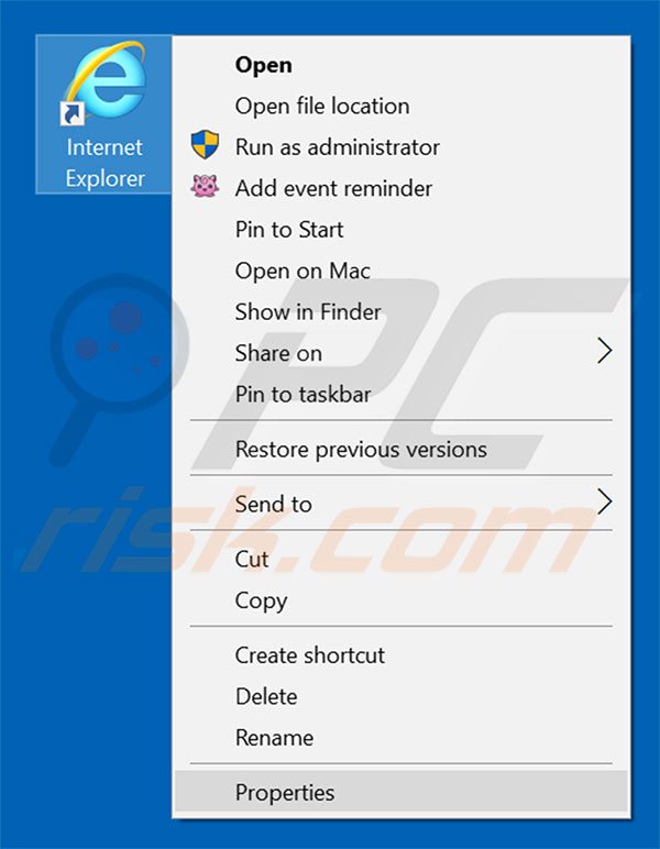 Removing search.hr from Internet Explorer shortcut target step 1