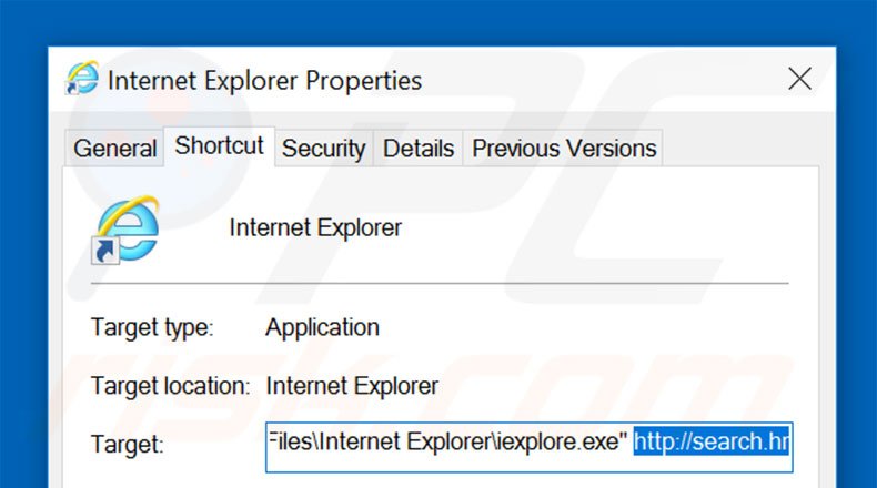 Removing search.hr from Internet Explorer shortcut target step 2