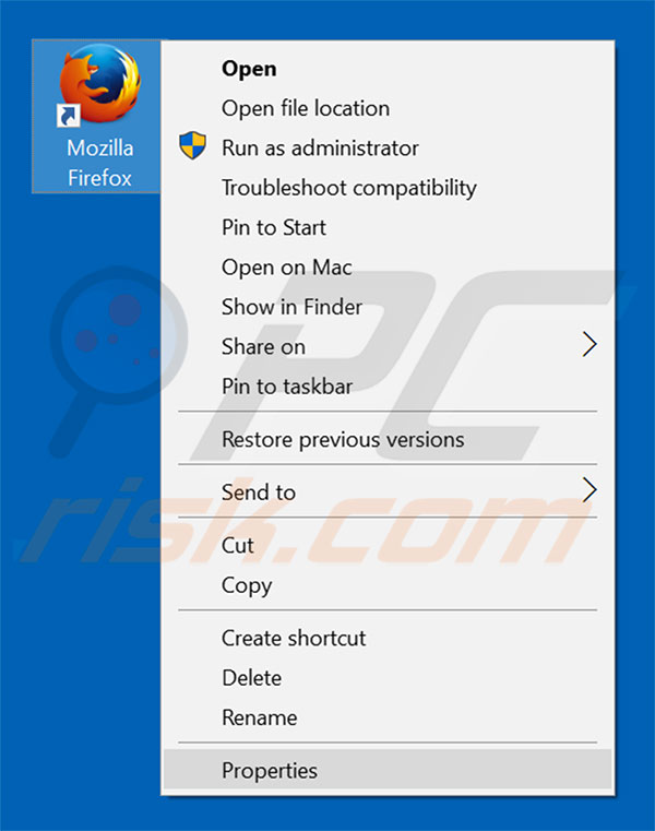 Removing goqrench.net from Mozilla Firefox shortcut target step 1