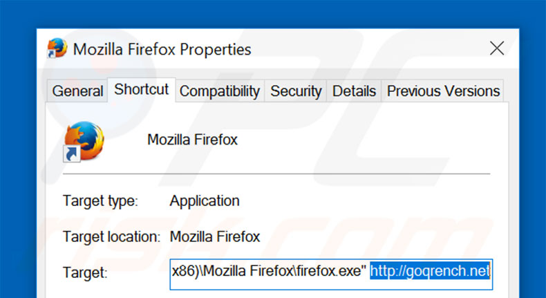 Removing goqrench.net from Mozilla Firefox shortcut target step 2