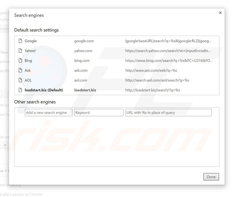 Removing loadstart.biz from Google Chrome default search engine