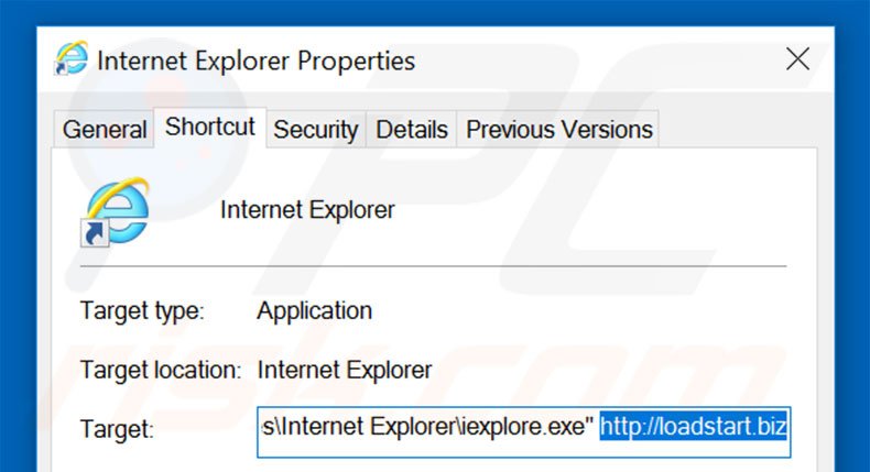 Removing loadstart.biz from Internet Explorer shortcut target step 2