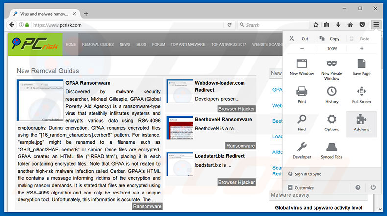 Removing Suspicious Ransomware Activity ads from Mozilla Firefox step 1