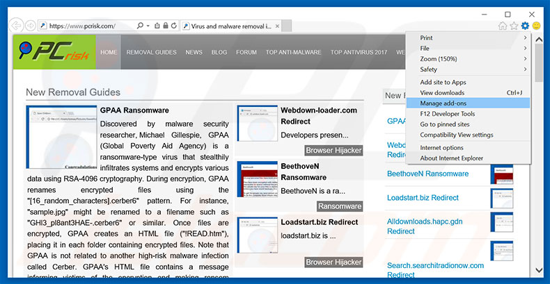 Removing Suspicious Ransomware Activity ads from Internet Explorer step 1