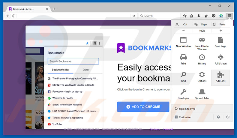 Removing Bookmarks Access ads from Mozilla Firefox step 1