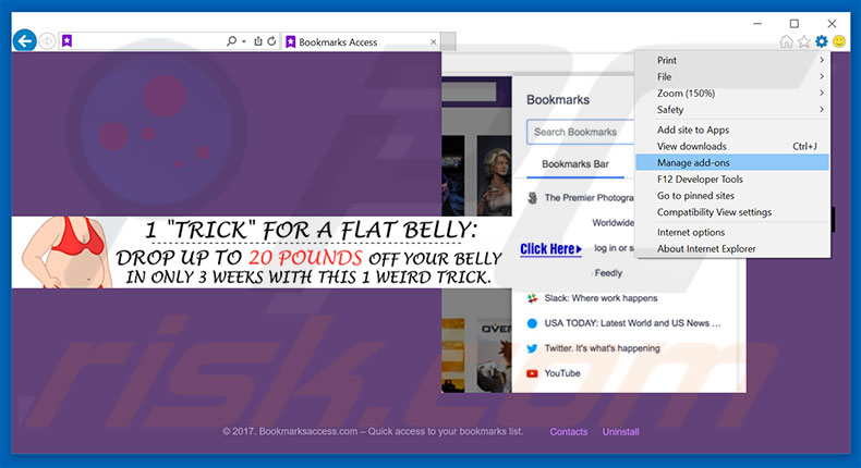 Removing Bookmarks Access ads from Internet Explorer step 1