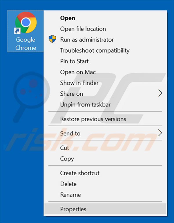 Removing ezy-search.com from Google Chrome shortcut target step 1