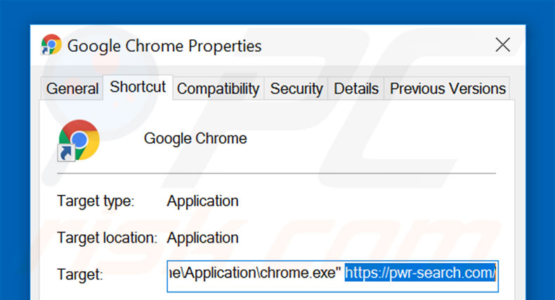 Removing pwr-search.com from Google Chrome shortcut target step 2