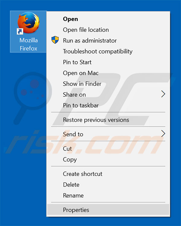 Removing pwr-search.com from Mozilla Firefox shortcut target step 1