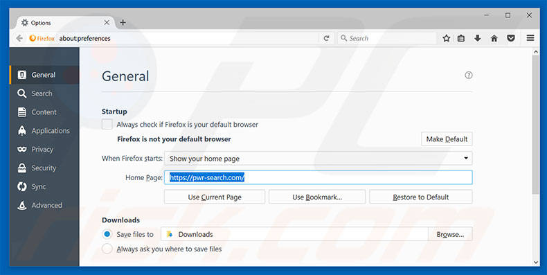 Removing pwr-search.com from Mozilla Firefox homepage