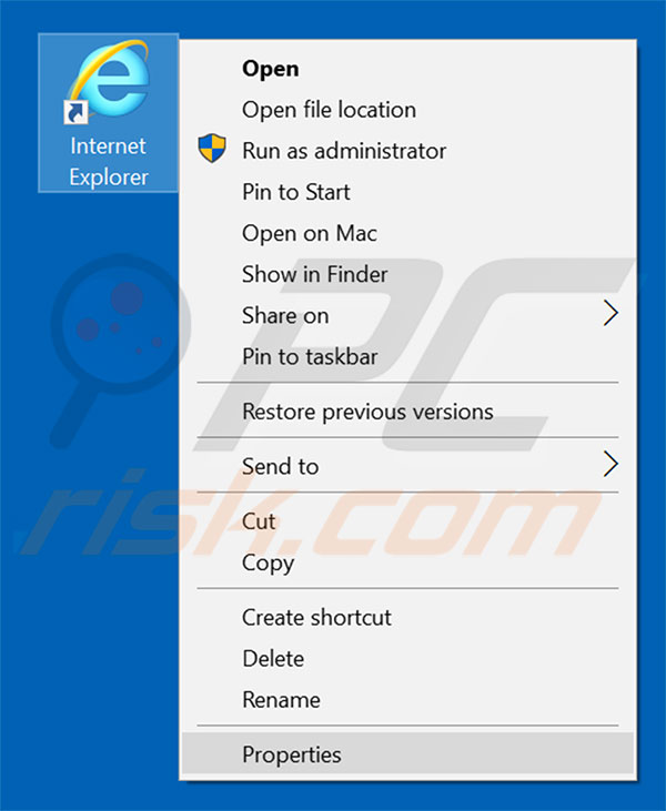 Removing pwr-search.com from Internet Explorer shortcut target step 1