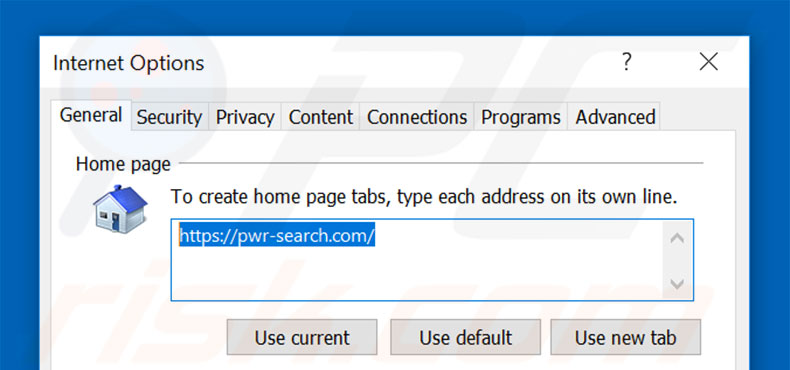 Removing pwr-search.com from Internet Explorer homepage