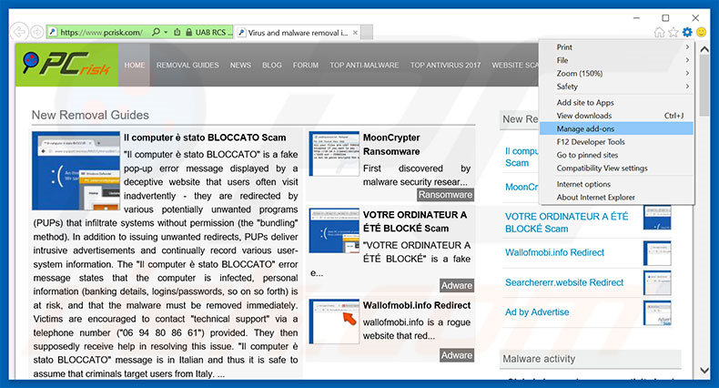 Removing Ransomware Detected ads from Internet Explorer step 1