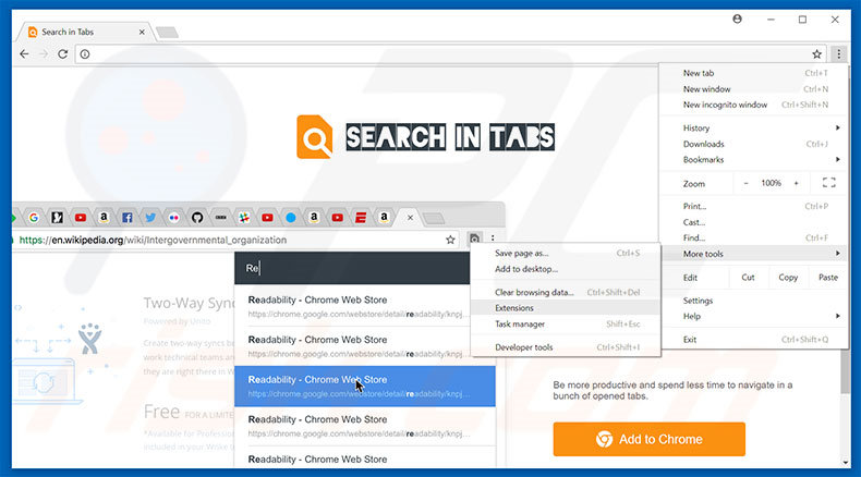 Removing Search In Tabs  ads from Google Chrome step 1