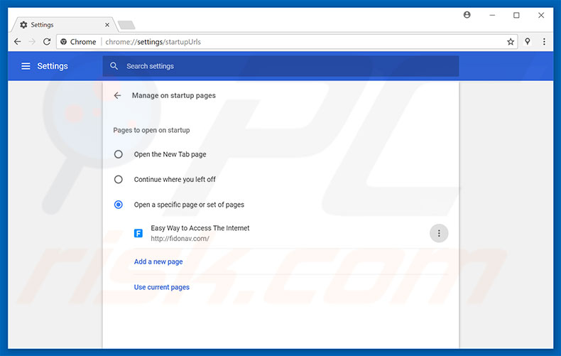 Removing fidonav.com from Google Chrome homepage