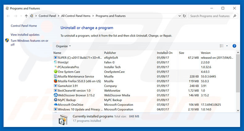 History Cleaner adware uninstall via Control Panel