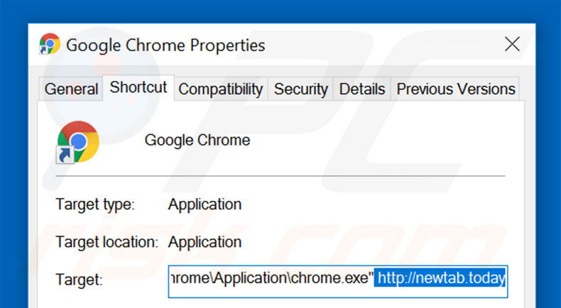 Removing newtab.today from Google Chrome shortcut target step 2