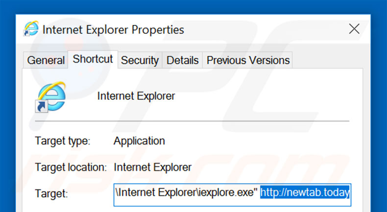 Removing newtab.today from Internet Explorer shortcut target step 2