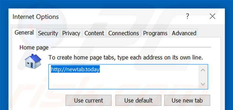 Removing newtab.today from Internet Explorer homepage