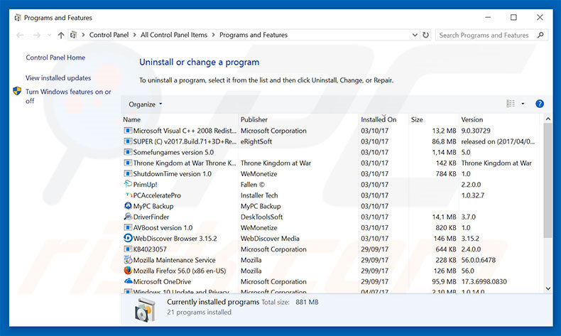 Possible Suspicious Activity adware uninstall via Control Panel