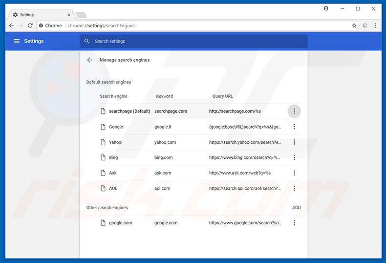 Removing searchpage.com from Google Chrome default search engine