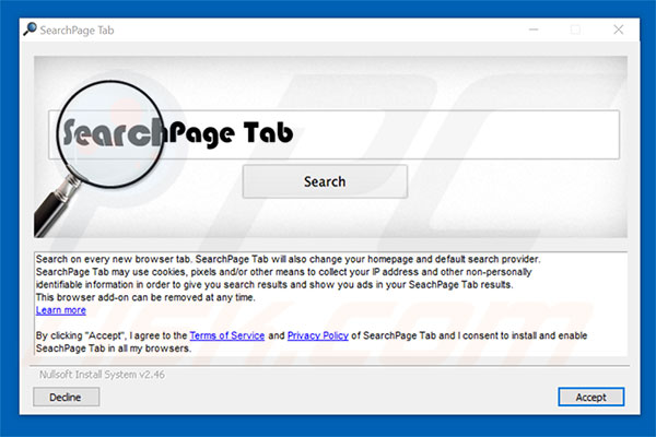 Official SearchPage Tab browser hijacker installation setup