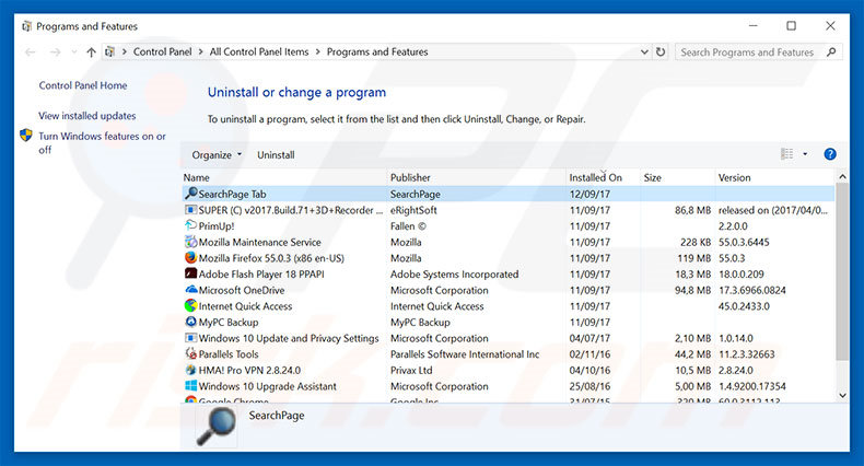 searchpage.com browser hijacker uninstall via Control Panel