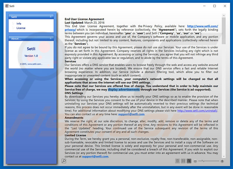 Setli adware EULA